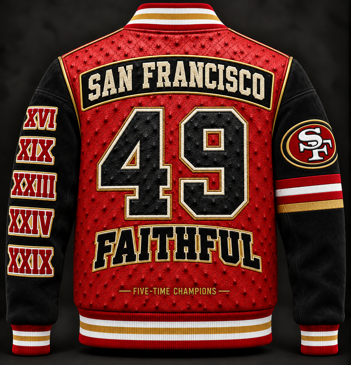 San Francisco 49ers Varsity Jacket — "49" Jersey Number, Red & Black