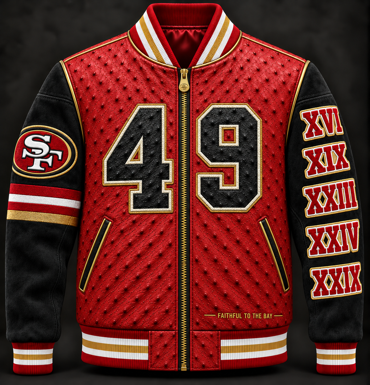 San Francisco 49ers Varsity Jacket — "49" Jersey Number, Red & Black