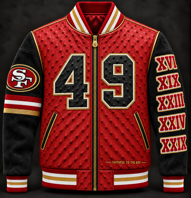 San Francisco 49ers Varsity Jacket — "49" Jersey Number, Red & Black