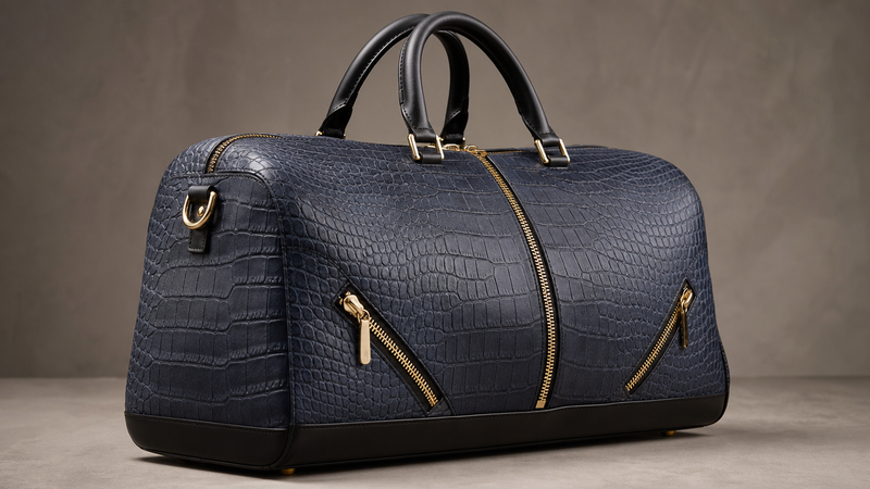 The Midnight Croc Zip Duffel — Navy Croc / Black Leather / Gold