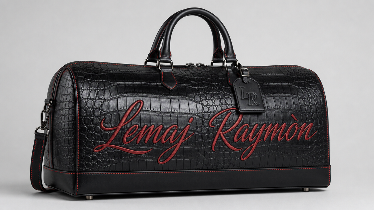 The Noir Signature Duffel — Black Croc / Crimson Script